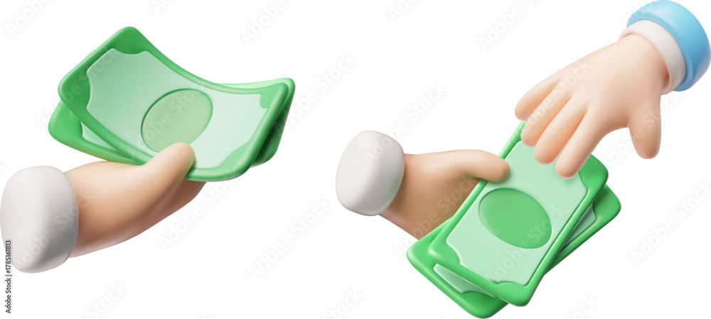 Obraz premium 3D icon set: a hand holding dollar bills and passing them to another.
