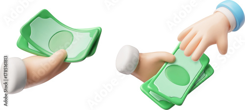 3D icon set: a hand holding dollar bills and passing them to another.