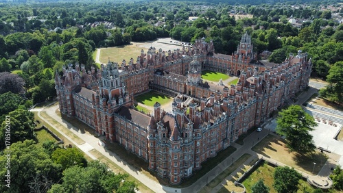 Aerial view of the main building of Royal Holloway University, London, England