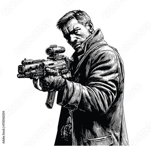Vintage Engraving Man in Trench Coat Aiming Submachine Gun