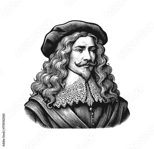 Baroque Gentleman with Curly Hair – Vintage Engraved Portrait