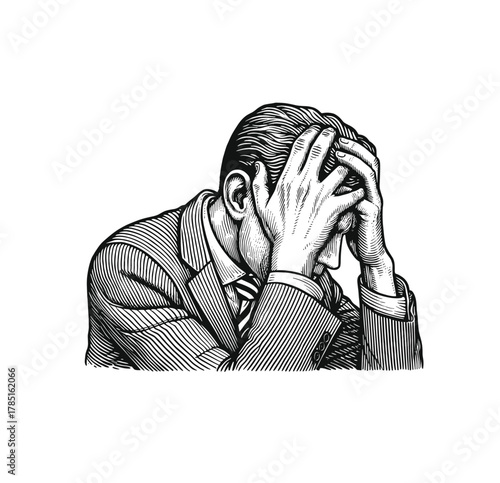 Stressed Businessman Holding Head – Vintage Etching Illustration