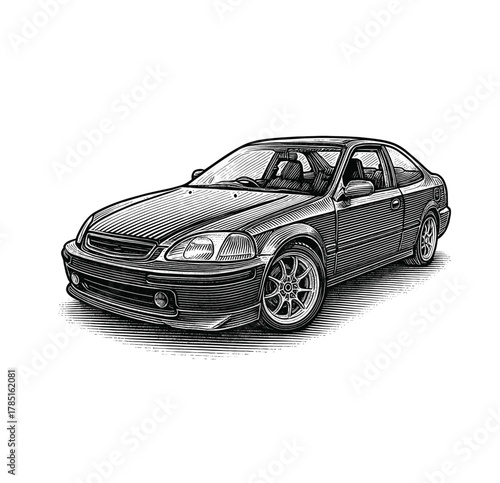 Classic Car Engraving – Detailed Vintage Sedan Illustration