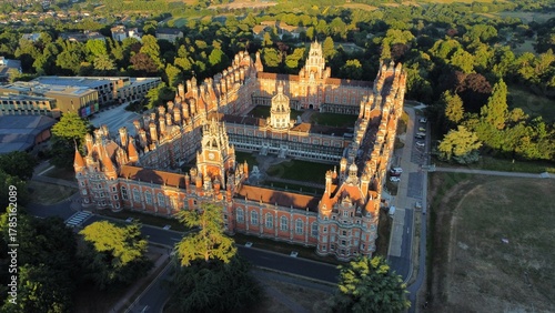 Aerial view of the main building of Royal Holloway University, London, England
