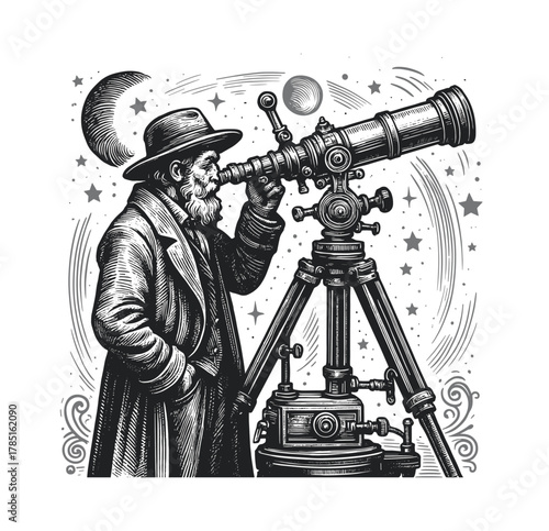 Astronomer with Telescope – Vintage Science Illustration