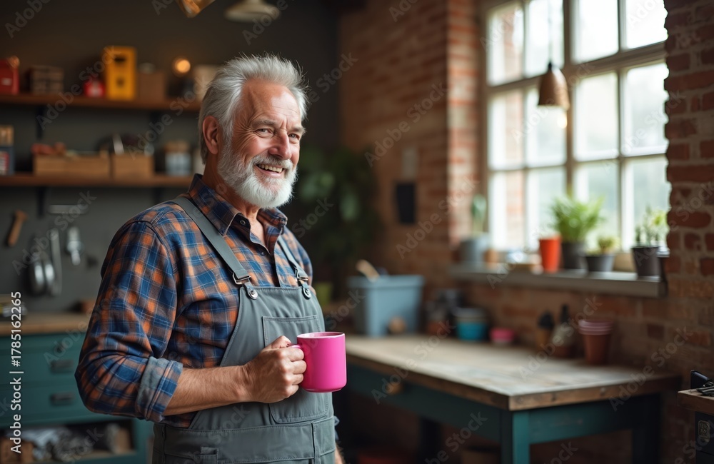 Obraz premium Smiling senior man in overalls holds pink mug in workshop. He wears plaid shirt, has white beard. Cozy garage space has tools and plants by window. Relaxed hobbyist enjoys hot drink.