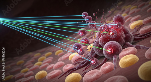 Laser Ablation of Cancer Cell Medical Illustration of Phototherapy Targeting Tumor with Precise Light Beams, Oncology, Healthcare, Science.