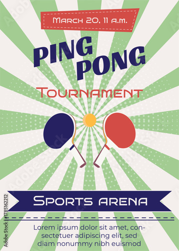 Ping pong banner with dots, ping pong paddles, flag, yellow ball, ribbon, text, competition, table tennis