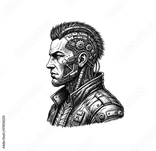Cyberpunk Cyborg Portrait – Futuristic Tech Engraving Style