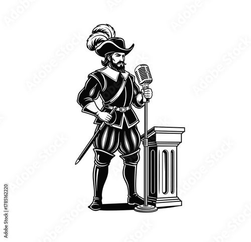 Renaissance Speaker – Historical Figure with Microphone Illustration