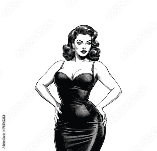 Retro Femme Fatale – Elegant Woman in Black Dress Vintage Engraving