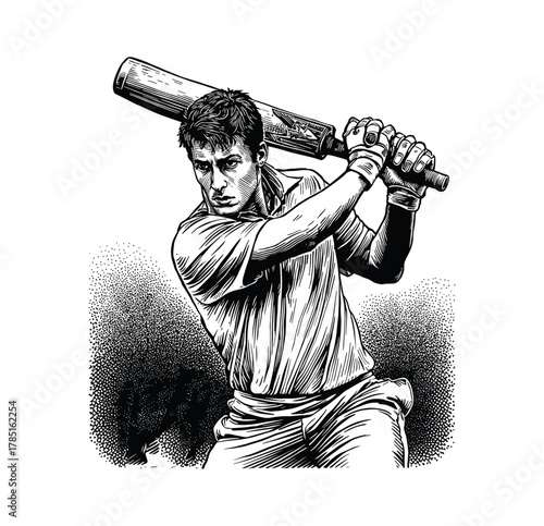 Cricketer in Action – Dynamic Sports Engraving Illustration