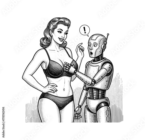 Robot Surprised by Woman – Retro Futuristic Comic Illustration