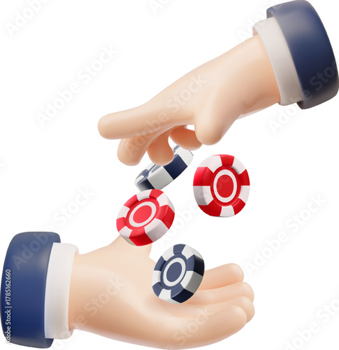 Realistic game chips falling in hand 3d vector illustration, cartoon red and black chips, gambling games, casino