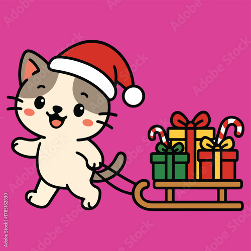 Joyful kitty delivering presents on festive sleigh