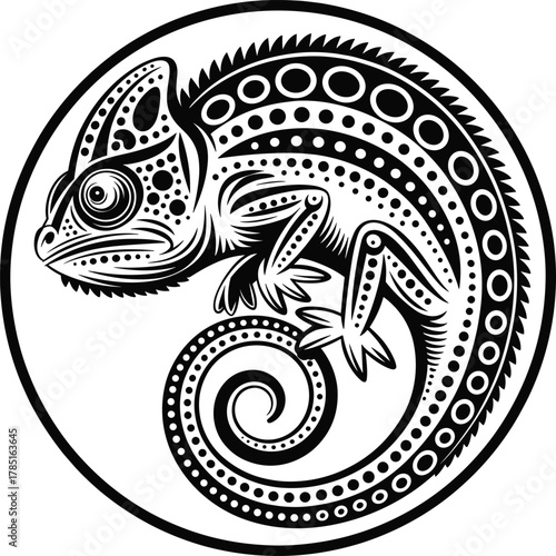Tribal chameleon illustration, black and white reptile design, geometric animal art, spiral tail lizard, tattoo pattern, decorative wildlife vector