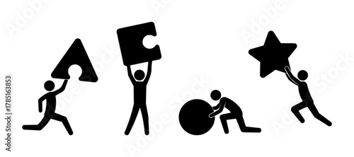 Stickman with Geometric Shapes – Black Silhouette Figures Carrying Puzzle Pieces, Star, Circle, and Triangle Icons Representing Teamwork, Creativity, and Problem Solving Concepts.