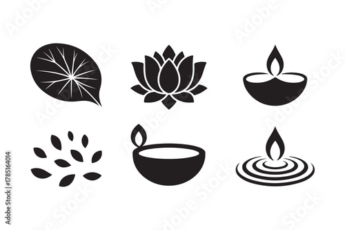 Traditional indian cultural and spiritual vector icons, lotus, leaf, diya