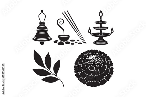 Indian religious and cultural symbols vector illustration icons set for design