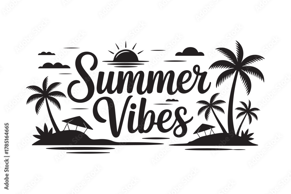 Fototapeta premium Summer vibes tropical beach graphic illustration with palm trees and sun