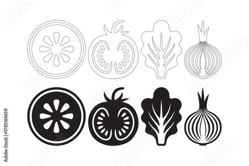 Line art and solid silhouettes of sliced vegetables and salad components