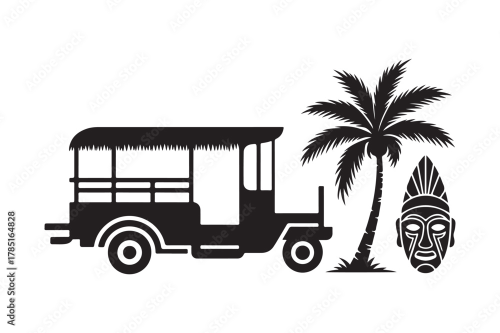 Obraz premium Tropical island travel graphic with vintage jeepney, palm tree, and cultural mask