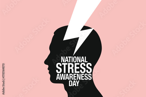 National Stress Awareness Day Graphic: Human Head Silhouette with Lightning Bolt Icon Symbolizing Mental Health Crisis and Pressure
