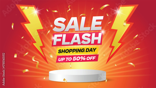 Flash sale shopping day banner with up to 50 off discount, featuring lightning bolts and confetti, Social media sale poster