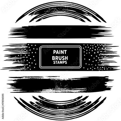 Black paint brush stamps. Vector grunge effect text boxes. Rough, stroke spray ink rectangles on paper. Distressed scratch background. Ink splatter frames on white. Paintbrush element banner bg
