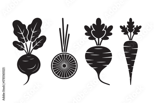 Vegetable icons: beet, turnip, radish, and carrot simple black silhouette