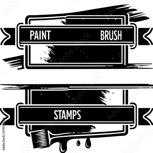 Black paint brush stamps. Vector grunge effect text boxes. Rough, stroke spray ink rectangles on paper. Distressed scratch background. Ink splatter frames on white. Paintbrush element banner bg
