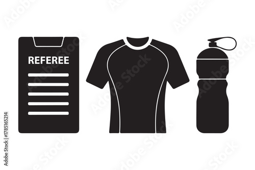 Referee clipboard, athletic jersey, water bottle icon set for sports and fitness