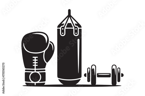 Fitness boxing equipment, punching bag, glove, and dumbbell vector icon