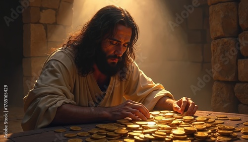 Jesus counts gold coins on wooden table. Stone wall behind, warm light shines. Religious person in tunic, tax collector concept. Biblical scene illustration.