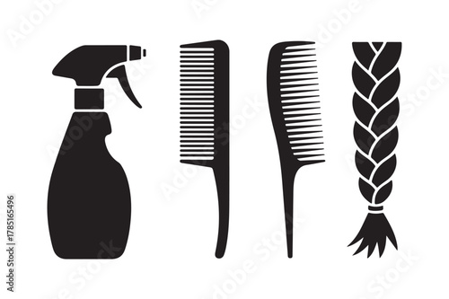 Hair care tools and braided hair silhouette icon set for beauty and salon