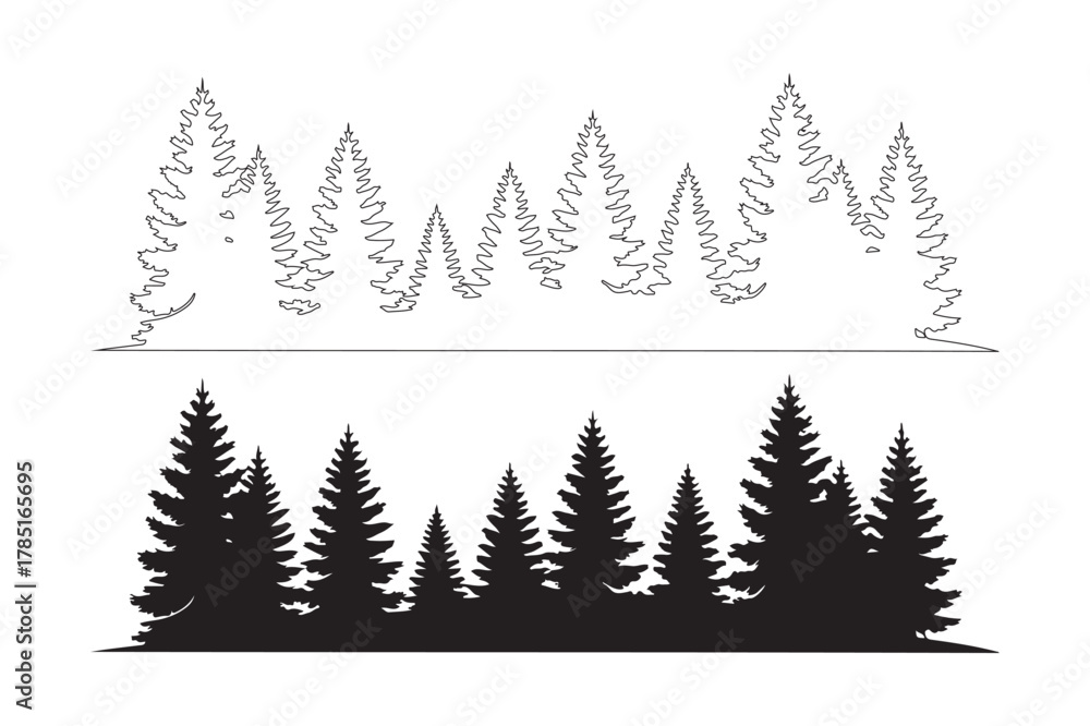 Obraz premium Pine tree forest landscape silhouette and outline vector illustration design
