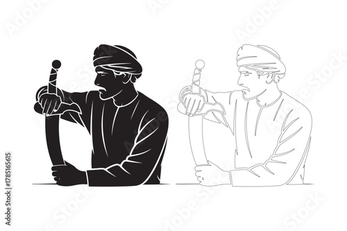 Warrior in turban holding a curved sword, silhouette and outline illustration