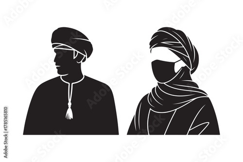 Middle eastern traditional attire, man and woman silhouette, face mask design