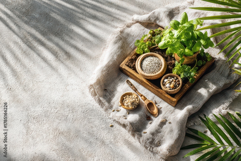 Fototapeta premium Composition of fresh herbs, seeds and grains in wooden bowls on a rustic tray, displayed on a textured surface with soft natural light and palm leaf shadows.