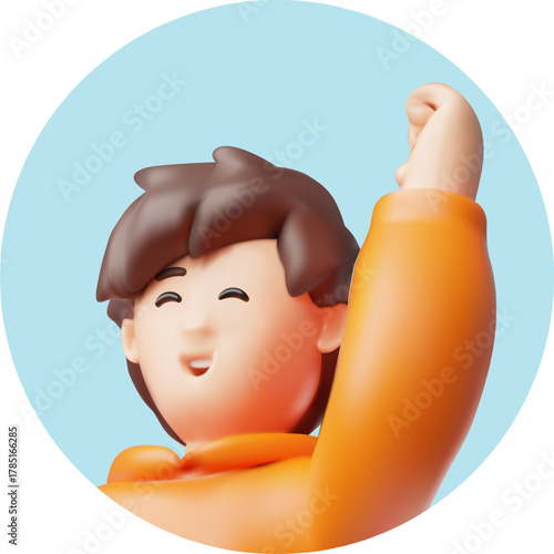 A 3D boy in an orange hoodie, happily raising his hand, circle frame on a blue background, close-up