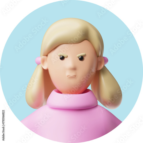 Angry teenager girl 3D vector avatar, cartoon upset schoolgirl with blond hair and threatening face, grumpy pupil