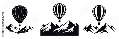 Hot Air Balloon Over Mountains Vector Illustration – Winter Adventure Silhouette, Snowy Peaks Landscape, Cold Season Travel, Outdoor Exploration, and Sky Journey Design Art
