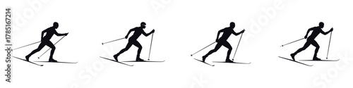Cross Country Skiing Vector Illustration Set – Winter Sports Silhouette, Cold Weather Activity, Outdoor Snow Adventure, Ski Athlete Training, and Frozen Landscape Fitness Design Art