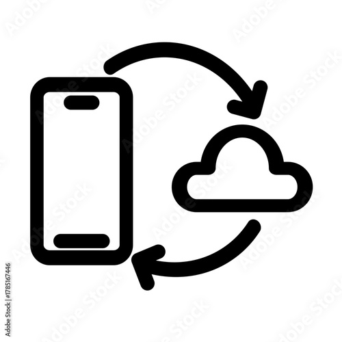 This icon represents seamless data transfer between a mobile device and a cloud server- ideal for showcasing cloud storage- backup- and synchronization functionalities. It's perfect for app.