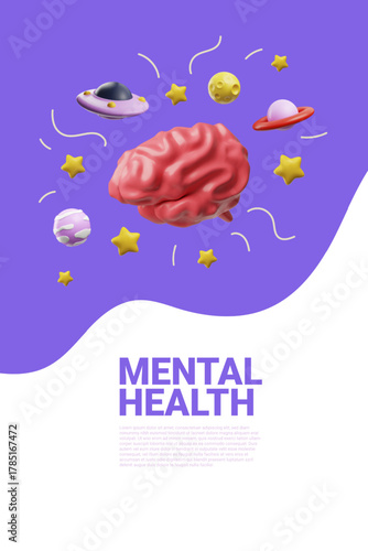 Brain internal organ with galaxy space 3D cartoon vector poster design, abstract mental health, cosmos stars, planets