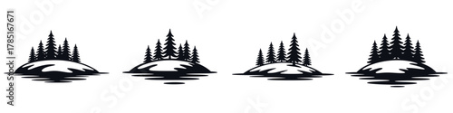 Winter Forest Island Vector Illustration Set – Snowy Pine Trees on Frozen Lake, Cold Season Landscape, Nature Wilderness Design, Peaceful Outdoor Scenery, and Frosty Forest Art