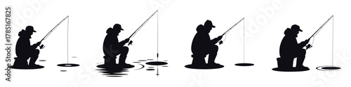 Ice Fishing Vector Illustration Set – Winter Sport Silhouette, Fisherman on Frozen Lake, Cold Weather Hobby, Outdoor Adventure, Snow Season Activity, and Arctic Recreation Design Art