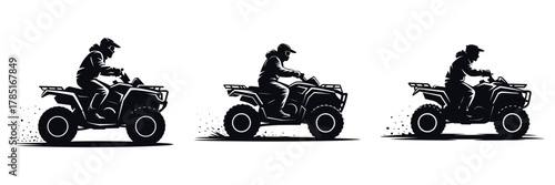Winter ATV Ride Vector Illustration Set – Off-Road Quad Silhouette, Cold Weather Adventure, Extreme Outdoor Sport, Mountain Terrain Driving, and Snow Season Exploration Design Art