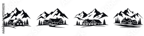 Winter Mountain Cabin Vector Illustration Set – Snowy Lodge Silhouette, Cozy Cottage in Forest, Cold Season Landscape, Holiday Retreat, and Peaceful Nature Adventure Design Art