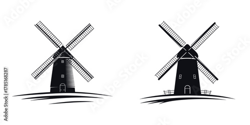 Winter Windmill Vector Illustration Set – Countryside Landscape Silhouette, Snowy Farm Scene, Cold Weather Rural Architecture, Old Mill Building, and Peaceful Frozen Village Design Art